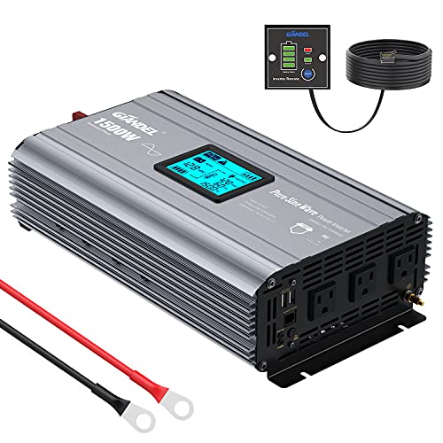 GIANDEL Pure Sine Wave Power Inverter 1500 Watt Upgraded with FCC Approval Converts DC 12V to AC 120V with LCD Display 3xAC Outlets & Remote Controller 2 USB Ports for RVs Trucks Boats and Emergency
