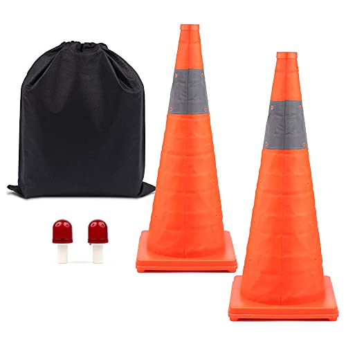 BATTIFE [2 Pack] 28” inch Collapsible Traffic Safety Cones, Orange Cones, Multi Purpose Pop-up Cones with LED Light and Reflective Collar, for Road Parking, Driving Practice