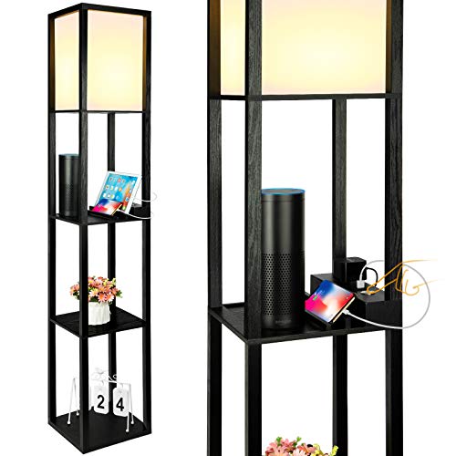 FOLKSMATE LED Shelf Floor Lamp with 2 USB Charging Ports & Power Outlet, 3 Way Dimmable Touch Control Modern Standing Lamps with Shelves, 3-Tiered Narrow Nightstand Light for Bedroom, Living Room