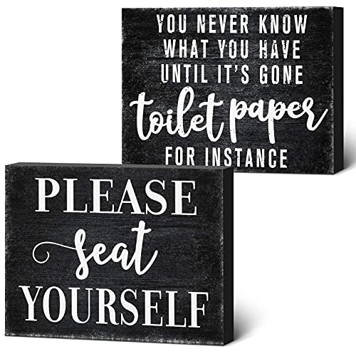 2 Pieces Funny Farmhouse Bathroom Decor You Never Know What You Have Until It’s Gone Toilet Paper Sign Please Seat Yourself Sign Humor Toilet Box Plaque for Toilet Decoration, 4 x 5 Inch (Black)
