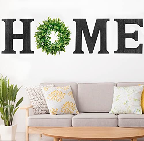 Wood Home Sign with Artificial Eucalyptus Wreath Home Decor Hanging Wall Art Wood Home Letters for Farmhouse Rustic Bedroom Living Room House Decor (Black)