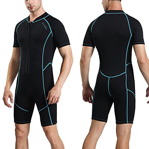 OMGear Wetsuit Men Women 3mm Neoprene Shorty UV Protection One Piece Short Sleeves Scuba Diving Suits Swimsuit for Scuba Diving Surf Snorkeling Swimming (Black&Aqua, XXX-Large)