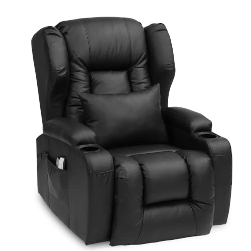 Electric Power Lift Recliner Chair for Elderly with Massage and Heat, Faux Leather Motorized Recliner Sofa for Living Room with Remote Control, 2 Cup Holders, USB Port and 2 Side Pockets (Black-PU)