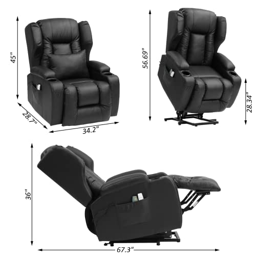 Electric Power Lift Recliner Chair for Elderly with Massage and Heat, Faux Leather Motorized Recliner Sofa for Living Room with Remote Control, 2 Cup Holders, USB Port and 2 Side Pockets (Black-PU) | The Storepaperoomates Retail Market - Fast Affordable Shopping
