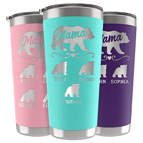 Gifts for Mom, Personalized Mama Bear Tumbler, 20 or 30 oz. – 13 Colors – Names up to 5 Cubs, New Mom Gifts, Custom Mom Tumbler – Gifts for Mom from Daughter, Son