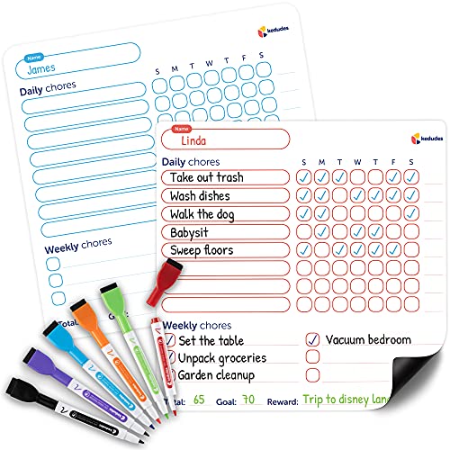 Magnetic Dry Erase Chore Chart for Kids Multiple Kids – 2 Pack Erasable Whiteboard Behavior Charts, Calendar Kids Chores List with 6 Eraser Cap Markers for Family, Kid, Toddler, Teenagers, Adults