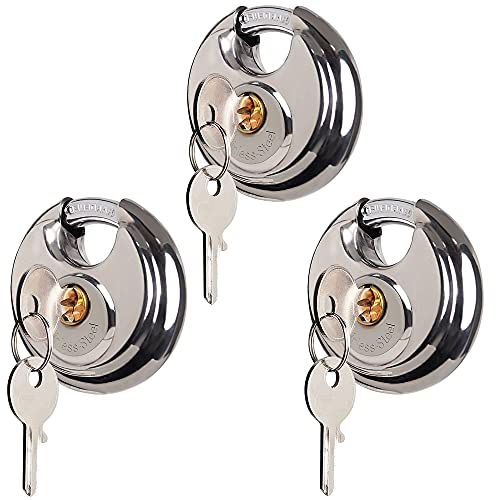 Round Padlock Stainless Steel Discus Lock with Key 3/8-Inch Shackle for Sheds, Storage Unit, Garages, Fence and Outdoors-Keyed Different Disc Padlocks (3 Pack)