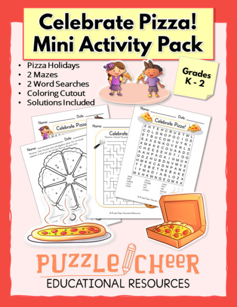 Celebrate Pizza Mini Activity Pack | Word Searches, Mazes and Color Cut Out for K – 2