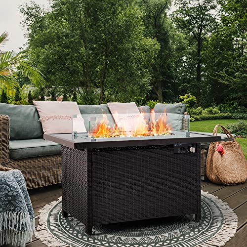Outdoor Fire Pits,PAMAPIC Propane Fire Pit Table with Glass Wind Guard,42 Inch 50,000 BTU Auto-Ignition Outdoor Fire Tables for Garden Patio Backyard Deck Poolside