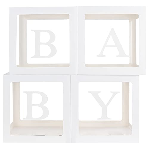 Keencopper Baby Boxes with 12 Letters for Baby Shower, Baby Shower Decorations for Boy Or Girl, 4 Pcs Transparent Balloon Boxes Clear Blocks for 1st Birthday, Gender Reveal Party Supplies Background