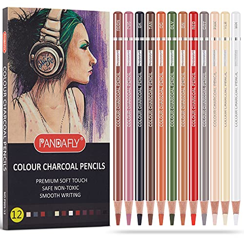 PANDAFLY Professional Colour Charcoal Pencils Drawing Set, Skin Tone Colored Pencils, Pastel Chalk Pencils for Sketching, Shading, Coloring, Layering & Blending, 12 Colors