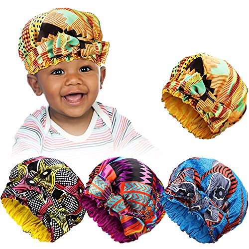 4 Pieces Kids Silk Bonnet Sleep Cap Adjustable Sleeping Cap Satin Hair Bonnet Hat Flower Night Hat Bonnet with Ties for Hair Teens Toddler Child Baby Infant (African Print)