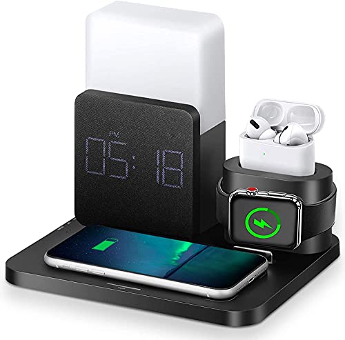 Wireless Charger,3 in 1 Fast Charging Station with Digital Alarm Clock,Night Light,Compatible for Apple Watch iPhone 13,13 Pro,12,12 Mini,12 Pro Max,SE 2020,11,11 Pro, AirPods, Galaxy S20
