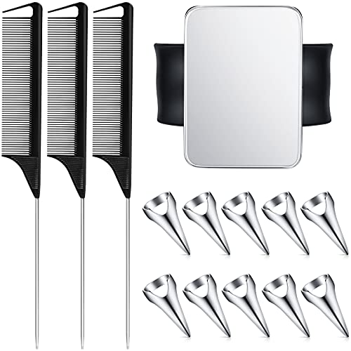 10 Pieces Hair Parting Ring 3 Pieces Steel Rat Tail Braiding Comb for Parting and Magnetic Wrist Pin Hair Parting Selecting Tool Parting Combs for Braiding (Black Comb, Silver Hair Parting Ring)