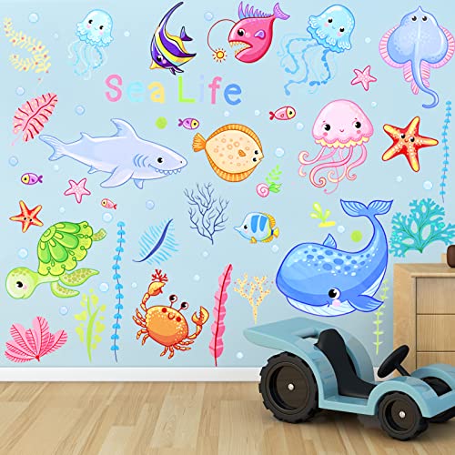 4 Sheets Ocean Life Wall Decals Under The Sea Fish Wall Stickers Colorful Removable Underwater Sea Creatures Jellyfish Wall Decor for Kids Girls Baby Bathroom Bedroom Living Room (Adorable Style)