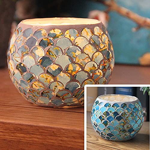 SOOFYLIA Blue Fish Scales Mosaic Glass Tea Light Candle Holder Romantic Handmade Gifts Votive Candleholder Christmas Candlestick Holders Table Centerpieces Home Decor Wedding Party Table Decorations