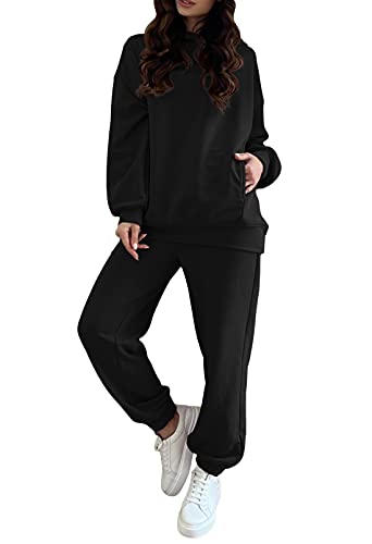Linsery Women Casual Hooded 2 Piece Tracksuits Hoodie Pullover Matching Jogger Sweatpants Outfits Solid Sweatsuit Black L