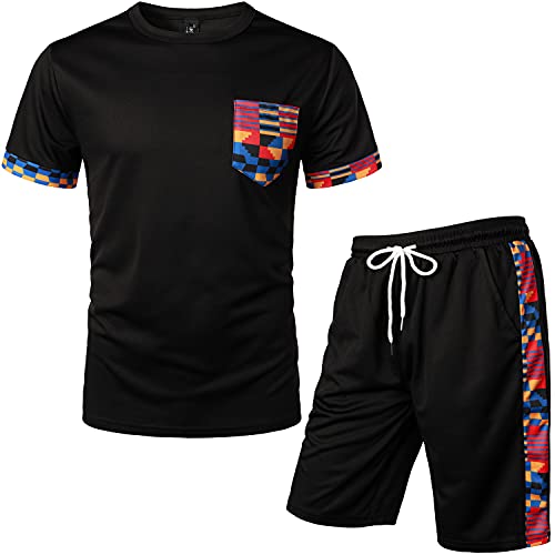 LucMatton Men’s 2 Piece Outfits African Printed Patchwork Tee Shirt and Shorts Set Sports Dashiki Tracksuits Black X-Large