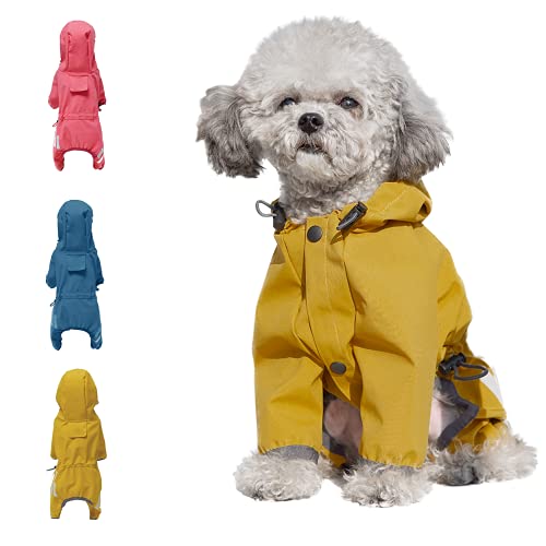 Cosibell Waterproof Puppy Dog Raincoats with Hood for Small Medium Dogs,Poncho with Reflective Strap, Lightweight Jacket with Leash Hole(L, Yellow)