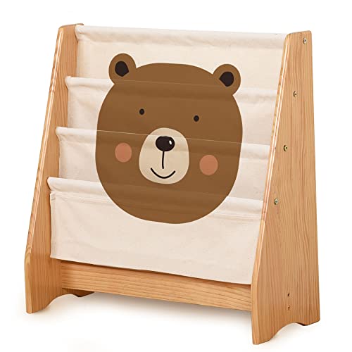 KRAND Kids Sling Bookshelf for Toddler Boys and Girls Book Rack Storage Baby Bookcase Organizer,Features Animial Printed Canvas Sleeves&Solid Wood Structure (Natural/Bear)