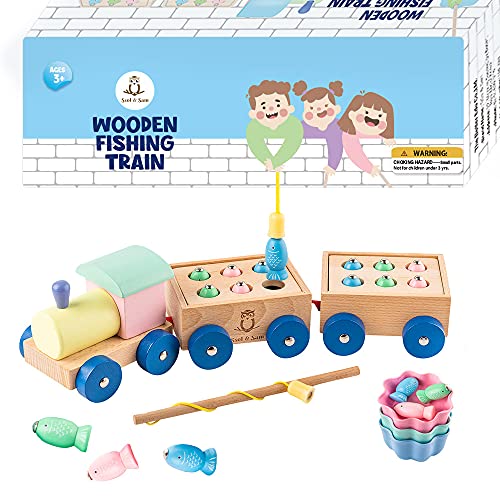 SSol & Sam Wooden Fishing Games – 2 in 1 Magnetic Fishing Toy and Toy Train – Fishing Toy & Train Toy for Toddlers and Kids Aged 3 & Up