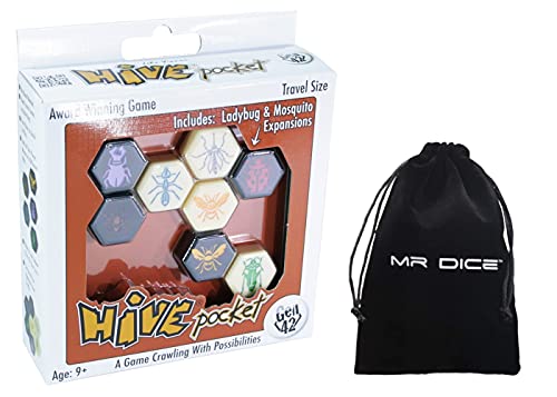 Hive Pocket Board Game Expansion Edition – A Game Crawling with Possibilities Bundle with Mr Dice Drawstring Bag