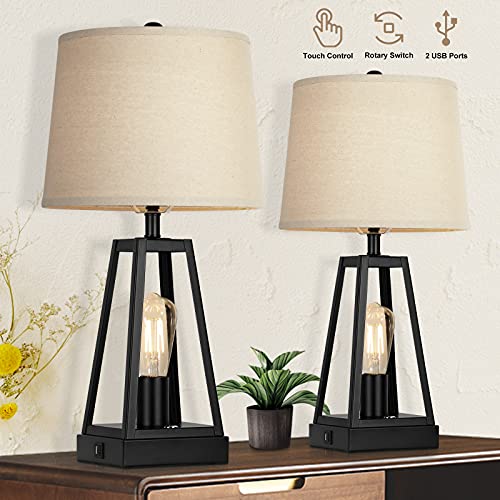 Set of 2 Farmhouse Touch Table Lamps with USB Ports, 3-Way Dimmable Bedside Nightstand Lamp, 2 Light Rustic Industrial Table Lamps for Living Room Bedrooms Reading Room, Rotary Switch, Bulbs Included