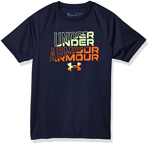 Under Armour Boys’ Tech Wordmark Symbol Short-Sleeve T-Shirt , Midnight Navy (410)/Quirky Lime , Youth Small