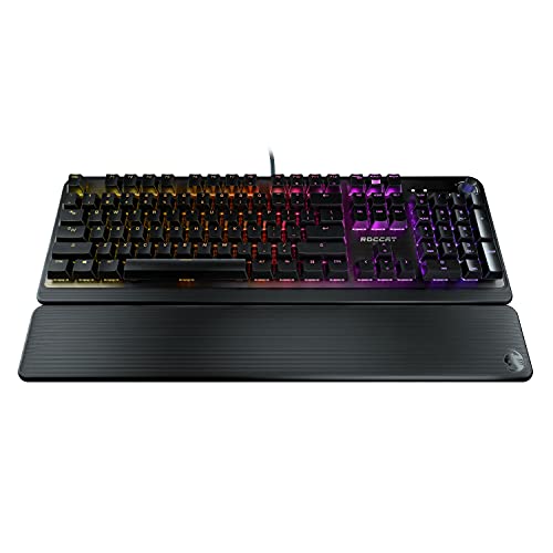ROCCAT Pyro Mechanical PC Gaming Keyboard, RGB Lighting, AIMO Illumination, Wired Computer Keyboard, Detachable Wrist/Palm Rest, Linear Feel Red Switches, Brushed Aluminum Top Plate, Black