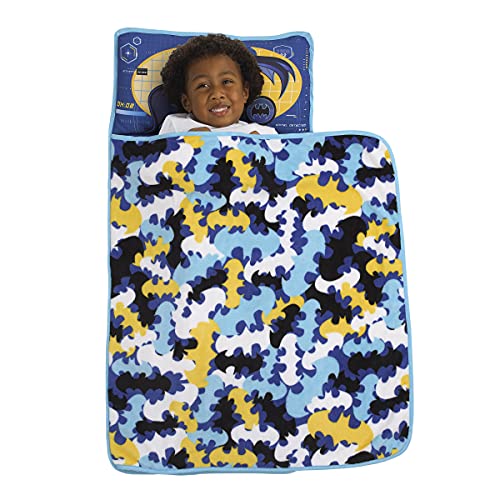 Everything Kids Batman Blue, Grey, Yellow & Black Preschool Toddler Nap Mat with Pillow, Blanket & Name Tag, Blue, Grey, Yellow, Black, 5049392P