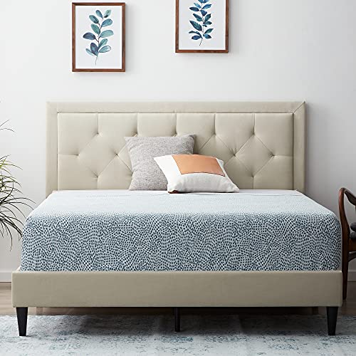 LUCID Upholstered Platform Bed Frame with Headboard– No Box Spring Needed – Queen Size – Pearl