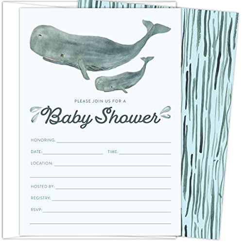Koko Paper Co Whale Baby Shower Invitations | 25 Fill-in Invitations and Envelopes | Printed on Heavy Card Stock.