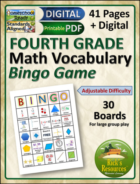 Math Vocabulary Bingo Game 4th Grade Print and Digital Versions
