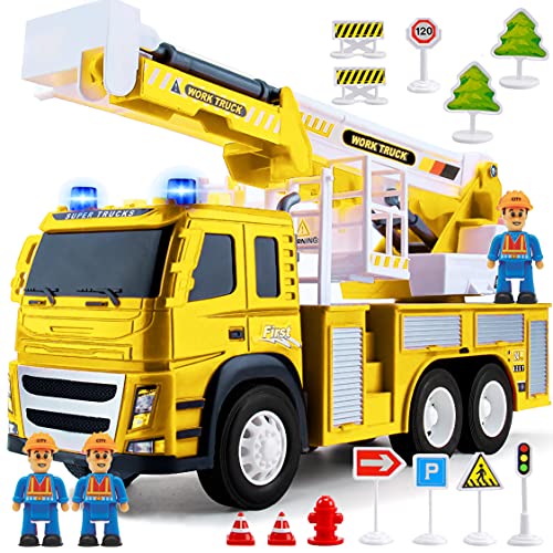 Toy Rescue Truck 1:12 Scale | Big Utility Bucket Truck w/ Lights Sounds+ 3 City Construction Workers and More Accessories, Toy Bucket Truck Rescue Utility Truck Toy for Kids Ages 3, 4, 5, 6, 7+