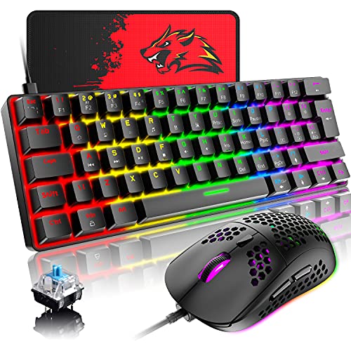 60% Mechanical Gaming Keyboard, Fast Blue Switch, Spill-Resistant Rainbow LED Backlit, Compact Tenkeyless Wired Keyboard, Programmable Macro Functionality, RGB Mouse 6400 DPI for PC Gamers (Black)