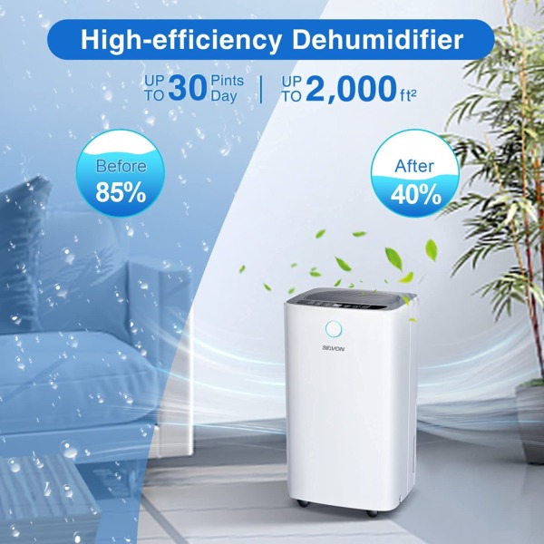 Dehumidifiers, SEAVON 2,000 Sq. Ft Dehumidifier for Home Basements and Large Room, 30 Pint Dehumidifier with Auto or Manual Drainage(0.68 Gallon), 35dB Industry Leading Noise Reducing, Intelligent Humidity Control, 3 Operation Modes, Clothes Drying, Child