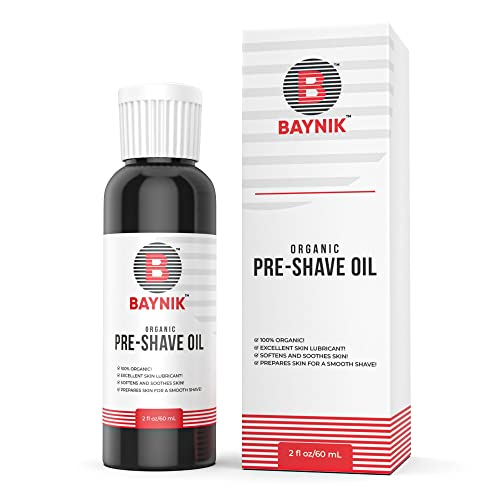 Baynik ORGANIC Beard and Pre-Shave Oil – unscented rich blend of 100% natural oils; excellently lubricates, nourishes, and conditions skin. Helps razor glide smoothly preventing nicks and cuts. Works great on normal and sensitive skin. 2 Fl Oz.