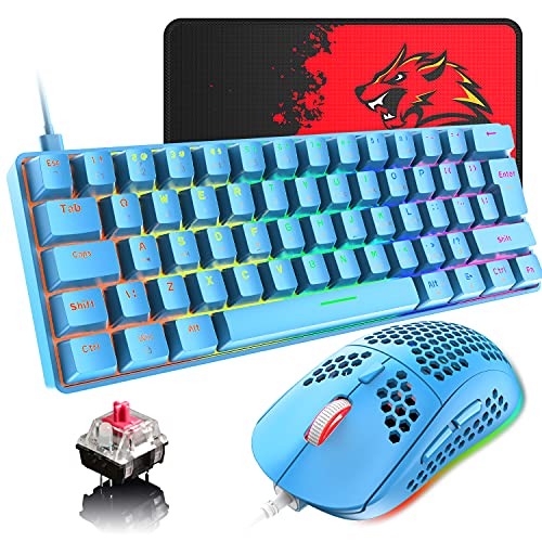60% Wired Mechanical Gaming Keyboard and Mouse Combo, Ultra-Compact Mini 62 Keys Type C Chroma 20 Rainbow Backlit Effects,RGB Backlit 6400 DPI Lightweight Gaming Mouse with Honeycomb Shell for PC/Mac