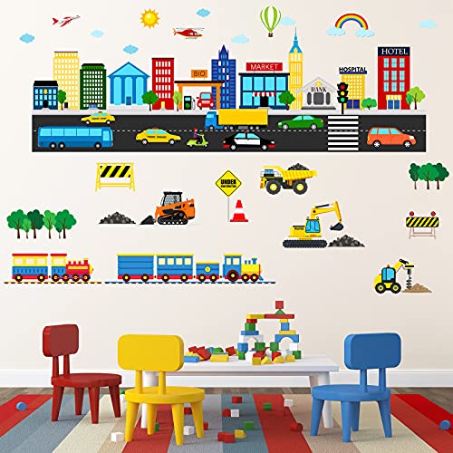 Transportation Wall Decals Construction Wall Stickers Vehicle Tractor Cars Trucks Excavator Stickers Peel and Stick Transportation and City Scene Decals for Kids Nursery Bedroom Living Room Playroom