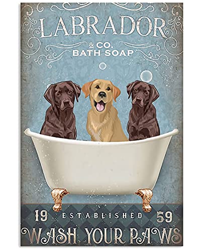 Bathtub Dog Retro Metal Tin Sign, Labrador Retriever Bathing Soap Foam Poster Vintage Toilet Cave Bar Home Bathroom Wall Decoration Sign 8X12 Inches
