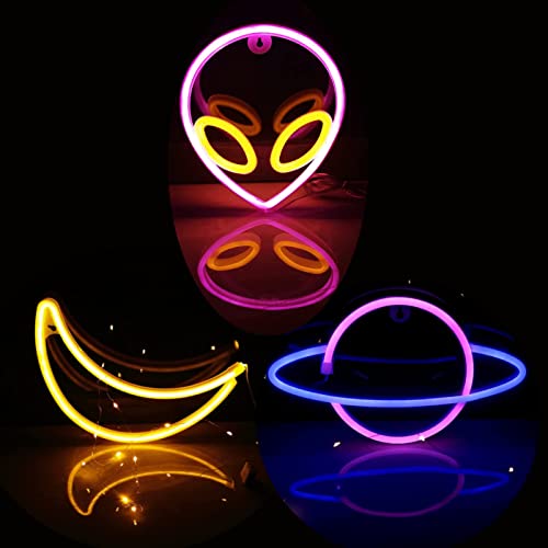 3 Pcs Neon Signs,LED Neon Light Signs for Wall Decoration,LED Alien Moon Planet Neon Lights for Bedroom,Party,Birthday,Christmas,Wedding,Bar