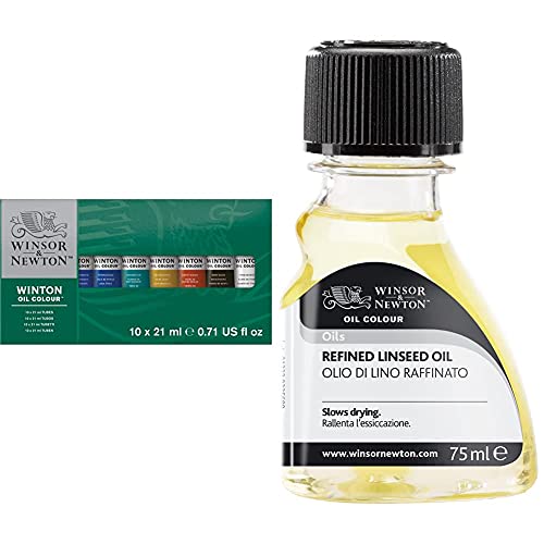 Winsor & Newton Winton Oil Color Paint, Basic Set, 10 x 21ml Tubes and Refined Linseed Oil 75ml (3221748)
