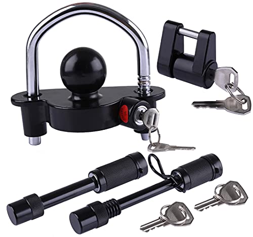 WHSSFINE Trailer Lock Kit Keyed Alike Tongue and Hitch Pin Lock with 5/8 and 1/2 Inch Pins Fit Class I II III IV V Receiver to Secure Trailer for Towing and Storage (4 Pack)