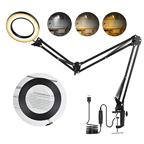 Magnifying Glass with Light and Stand, 36in Adjustable Magnifying Lamps, 3 Colors Dimmable 4.13″ Diameter LED Desk Lamp with Clamp for Home Office Hobby Craft Handwork Repair