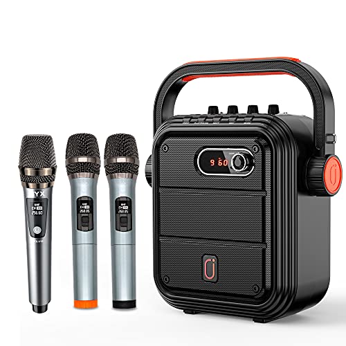 JYX Karaoke Machine with Three Wireless Microphones, Portable Bluetooth Speaker with Shoulder Strap, HD Sound PA System Support TWS, Radio, AUX In, REC, Bass&Treble for Outdoor Party/Meeting