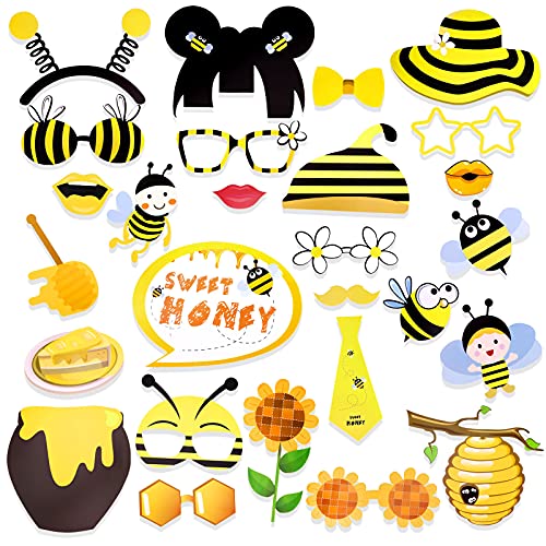 27 PCS Bee Honey Photo Booth Props, Bumble First Birthday Party Supplies for Honeybee Bumble bee Selfie Props Gender Reveal Baby Shower Theme Kids First Birthday Decorations