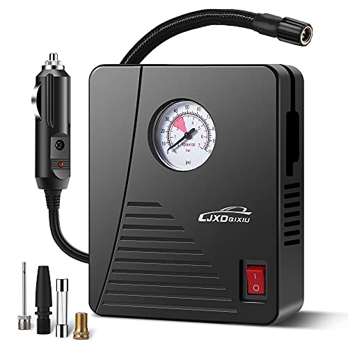 LJXDQIXIU Air Compressor Tire Inflator – Portable DC 12V 100PSI Auto Air Pump – Classic Pressure Gauge and Emergency LED Light – Car Tire, Bicycle, Basketball and Other Inflatables