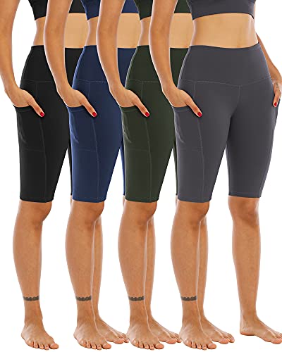 WHOUARE 4 Pack Biker Yoga Shorts with Pockets for Women,High Waisted Athletic Running Workout Gym Shorts Tummy Control,Black,Army Green,Navy,Dark Gray,M