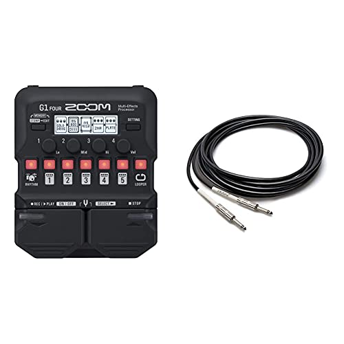 Zoom G1 FOUR Guitar Multi-Effects Processor Pedal, With 60+ Built-in effects, Amp Modeling, Looper, Rhythm Section, Tuner, Battery Powered & Hosa GTR-210 Straight to Straight Guitar Cable, 10 Feet