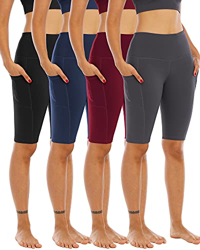 WHOUARE 4 Pack Biker Yoga Shorts with Pockets for Women,High Waisted Athletic Running Workout Gym Shorts Tummy Control,Black,Navy,Dark Gray,Burgundy,L